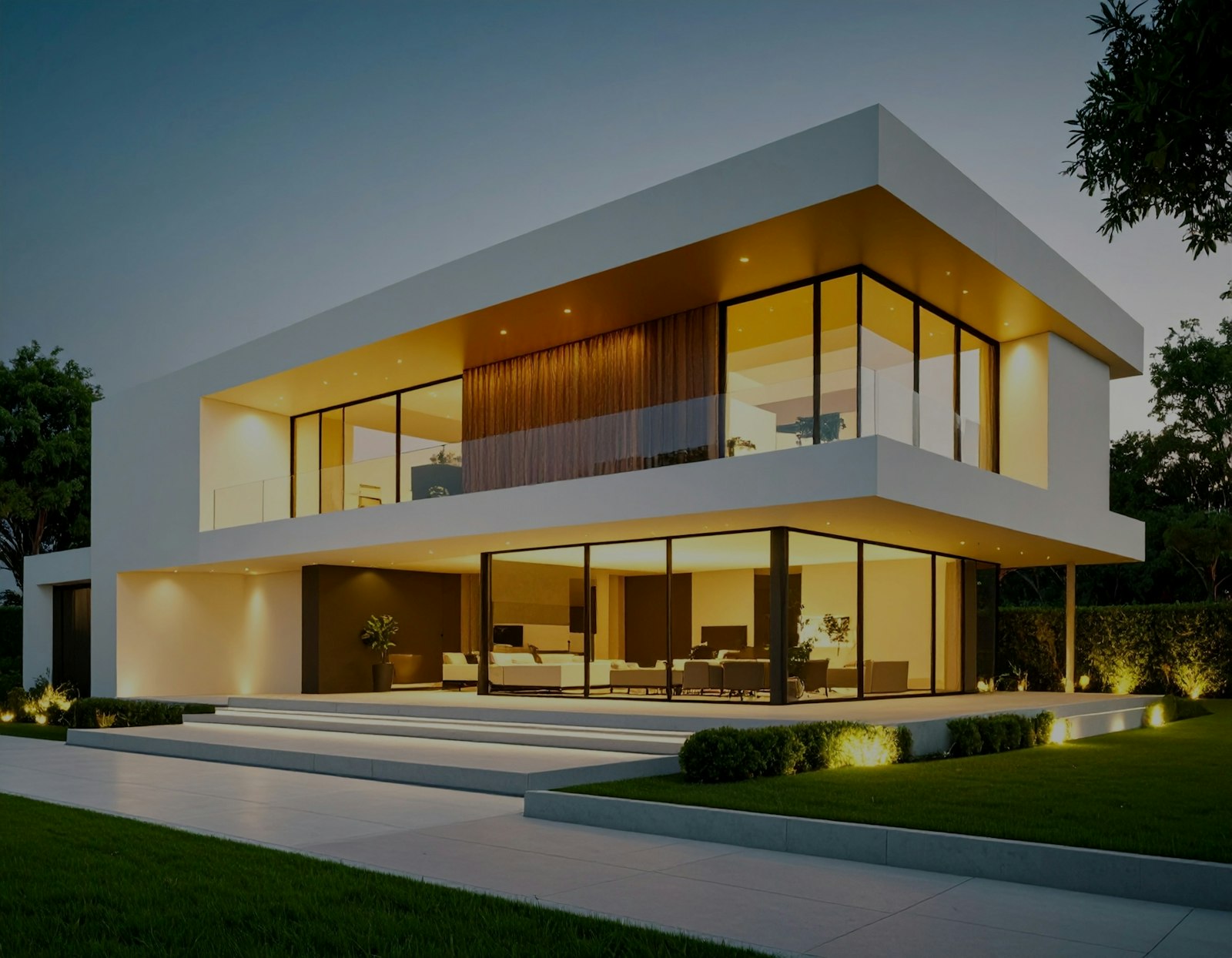Photo-realistic render of a modern home at dusk