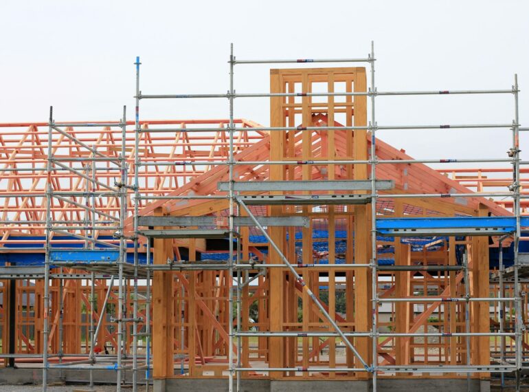 Timber roof structure going up on site